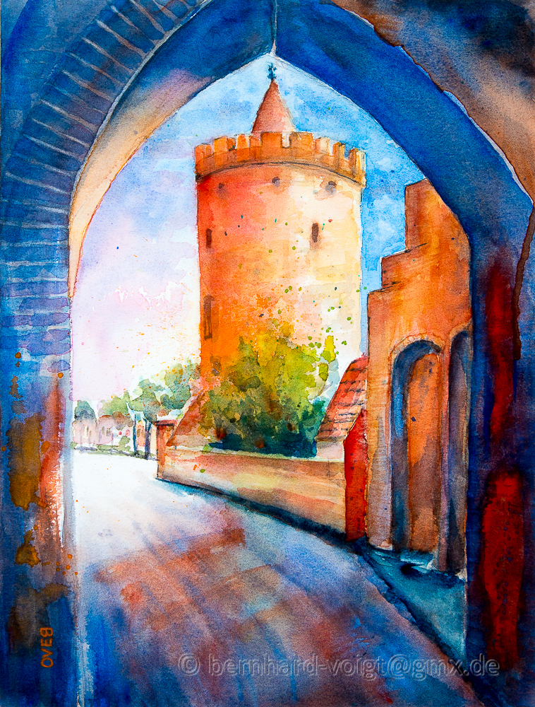 Mittenwalde, Blick durch das Berliner Tor auf den Pulverturm