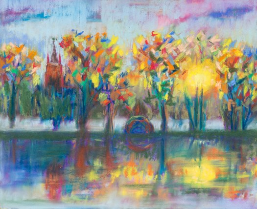 Mittenwalde in der Mark mit Blick über den Tonsee, Pastell - Mittenwalde in the Mark with a view over the Tonsee, Pastel on mould-made Ingres