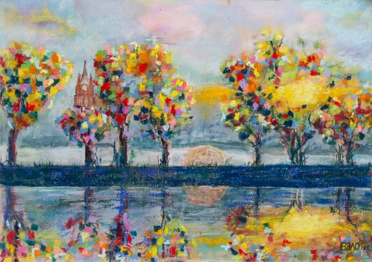 Blick über den Mittenwalder Tonsee II - Mittenwalde in the Mark with a view over the Tonsee, Pastell, Format A3, 29,7cm x 42cm