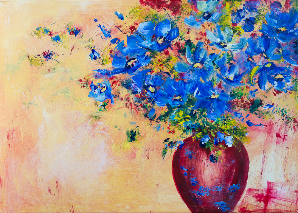 Blaues Blumenbouquet in karmesinroter Vase - Blue Flower Bouquet in Crimson Red Vase, Acryl auf Keilrahmen 50cm x 70cm