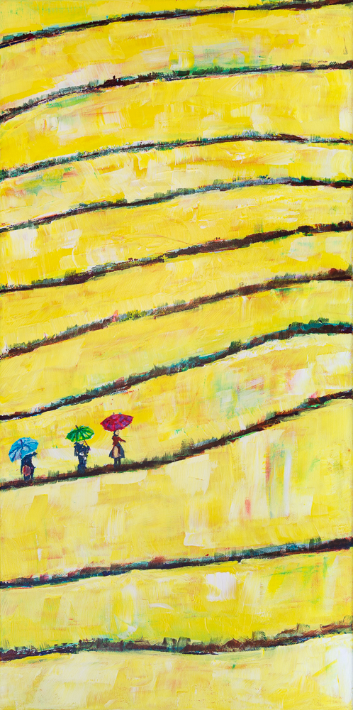 Drei Damen in vietnamesischem Reisfeld