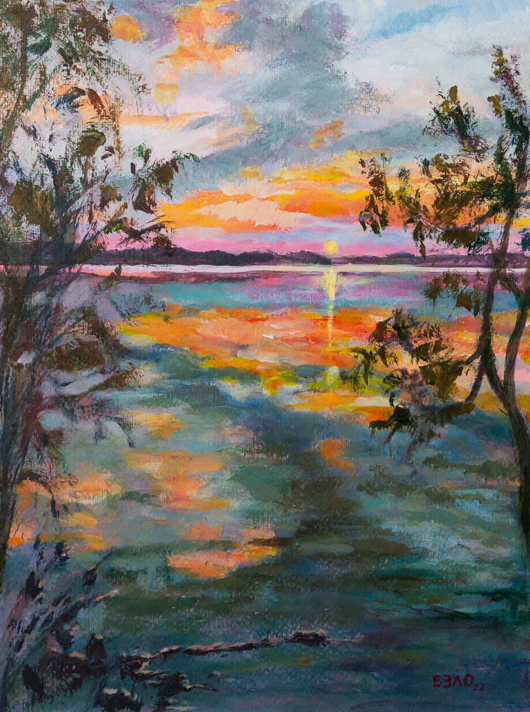Herbstlicher Sonnenuntergang an Brandenburger See - Autumn sunset on lake in Brandenburg - Acryl, 40cm x 30cm